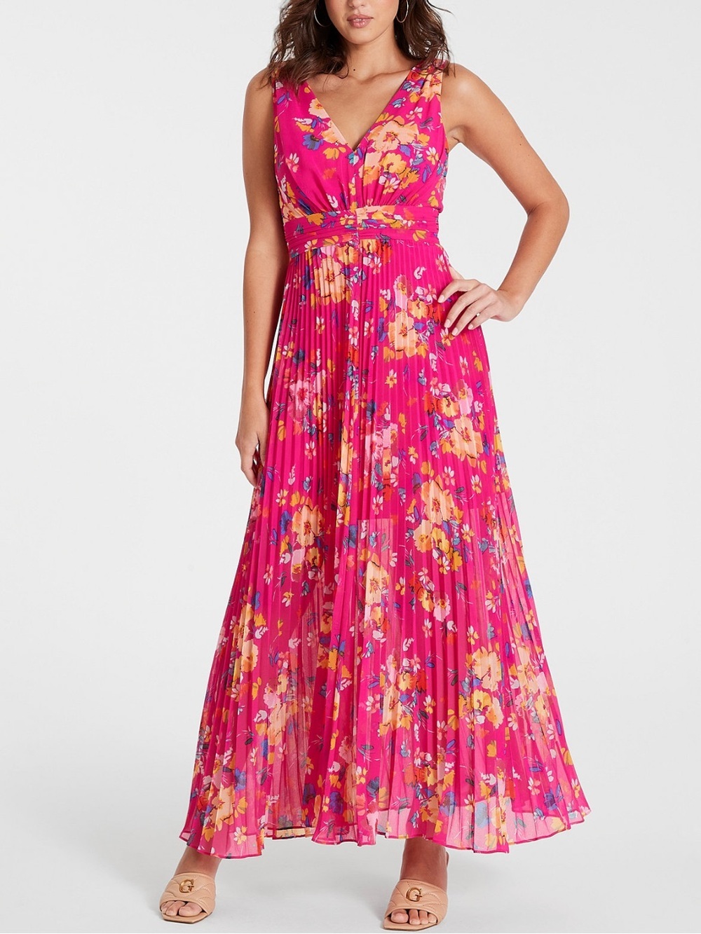 New GUESS Hot Pink Floral Pleated Maxi Dress SZ S